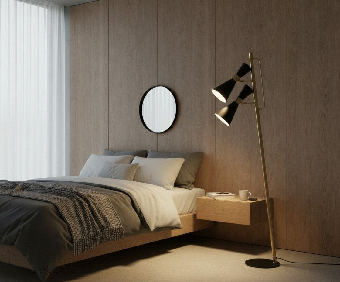 Nighttime lifestyle shot of Labradorite lamp highlighting its slim form in a dimly lit corner