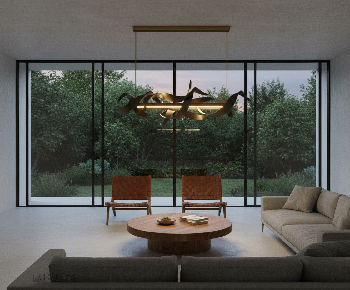 Black rectangle chandelier as a statement piece in a high-ceiling entryway with warm evening lighting