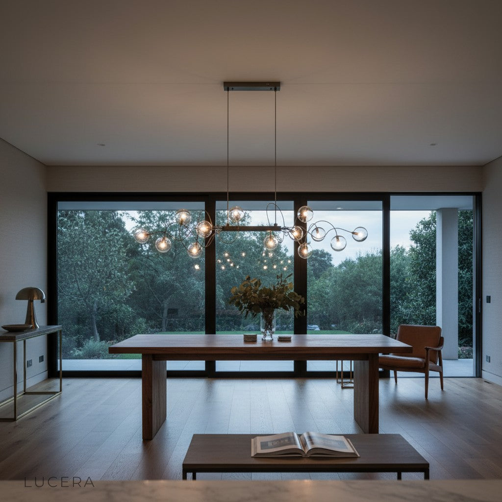 Astrid chandelier above kitchen island with clear glass shades reflecting light