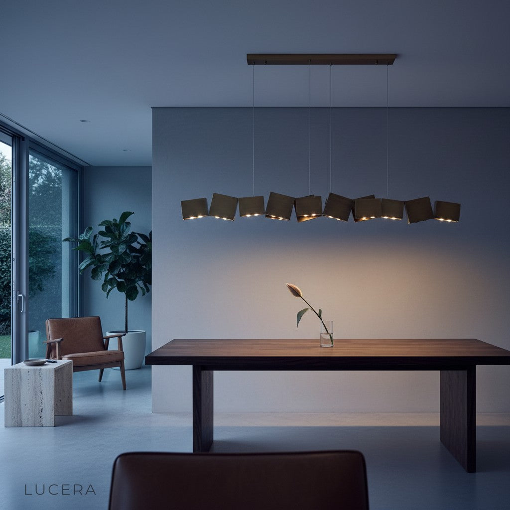 aesthetic shot of Freya chandelier in minimalist bedroom with soft shadows on ceiling