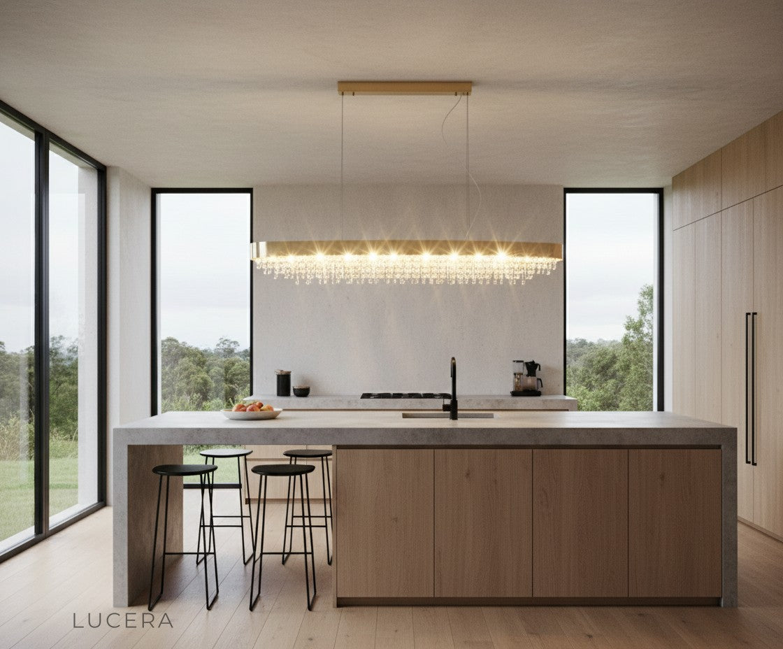Ulf rectangular chandelier in sunlit conservatory with plants