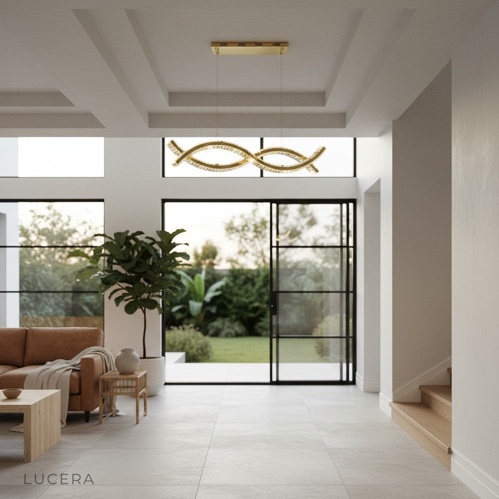 Natt LED chandelier above round table in elegant modern dining room