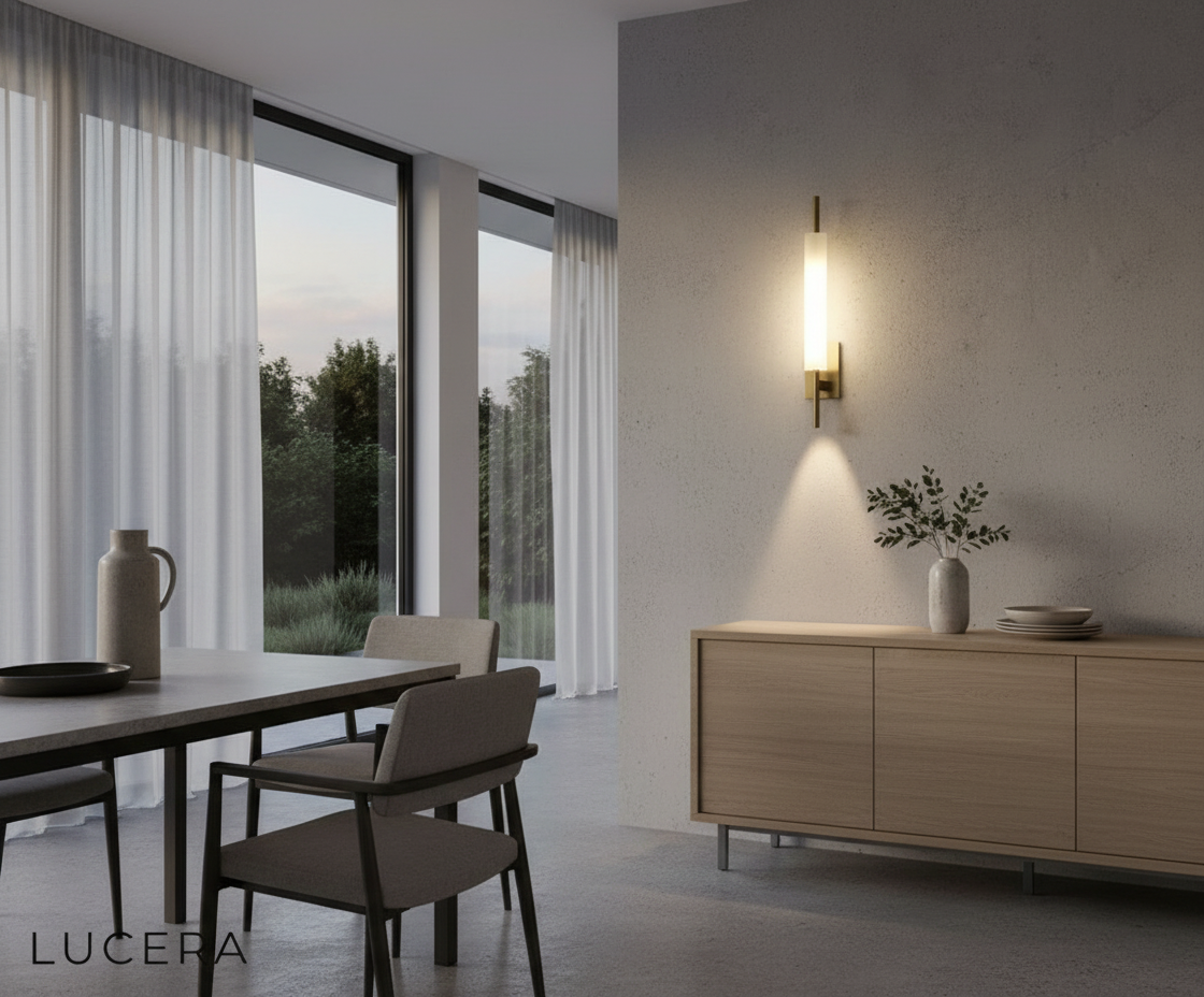 aesthetic lifestyle view of Gatto sconce in a chic living room corner with warm accent lighting
