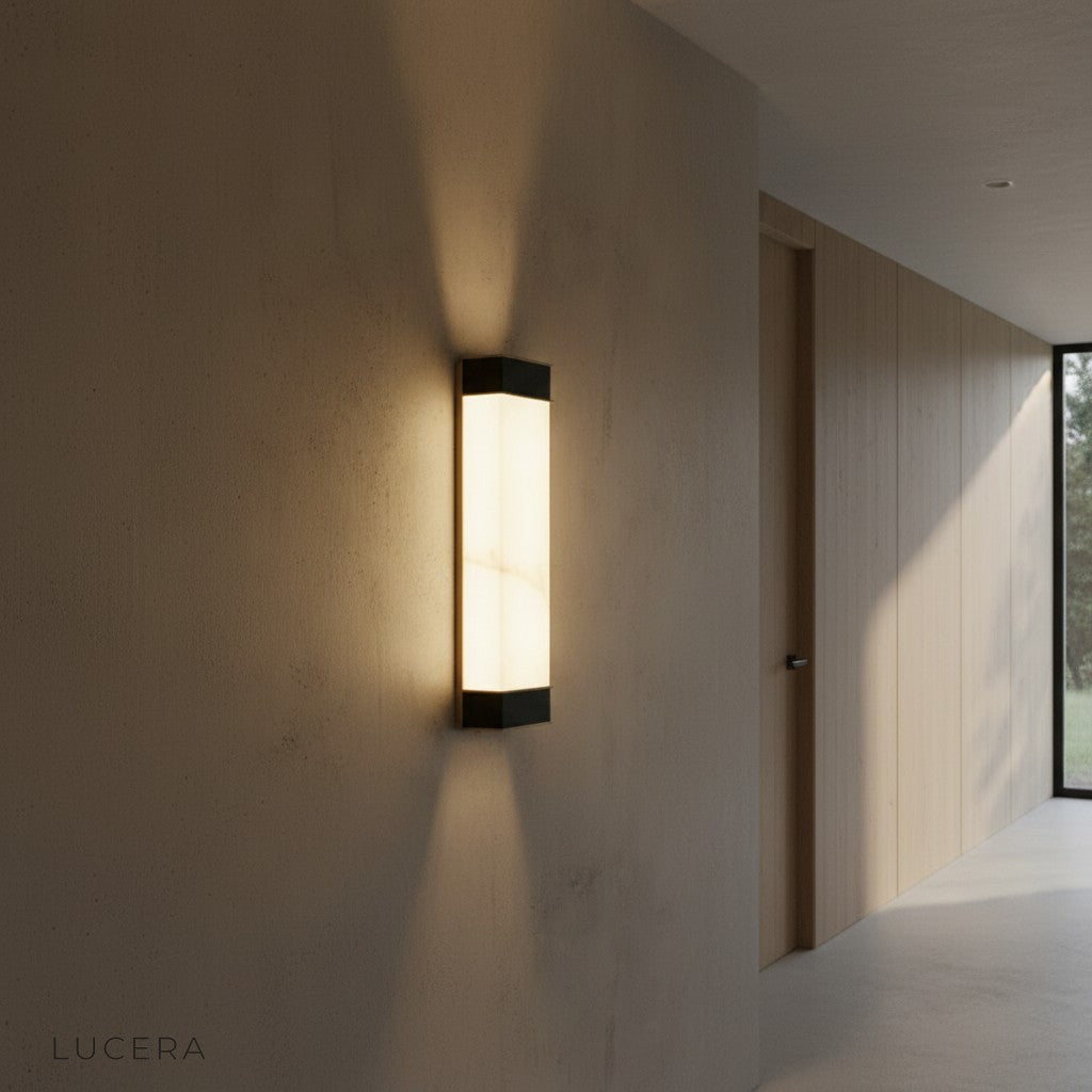 aesthetic evening scene of Marco marble wall lamp in minimalist lounge space