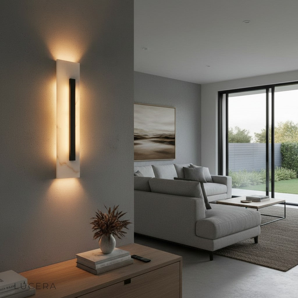 Porto rectangular sconce glowing warmly in a stylish entryway with modern decor