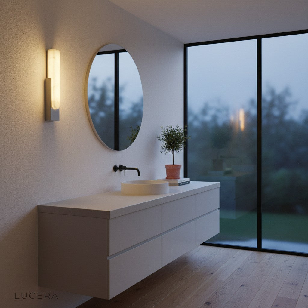 Rumore marble wall lamp with warm glow in chic hotel-inspired interior