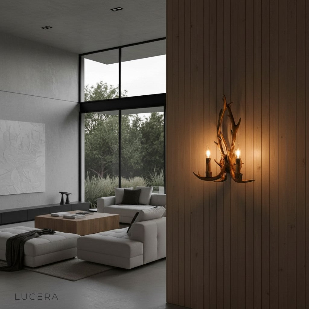 Noli Antlers Wall Sconce in a reading nook with a leather chair and warm accent lighting