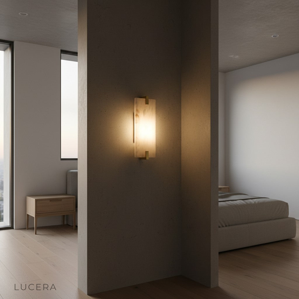 Finesse Splendor marble and copper wall lamp as sculptural accent in minimalist lounge