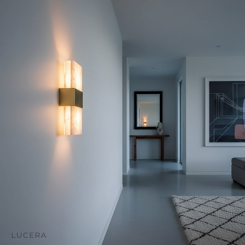 hauteur wall lamp casting soft glow on textured plaster wall in modern lounge