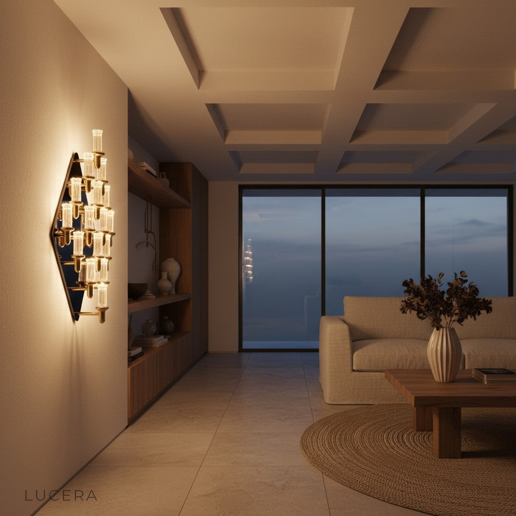 Arch Roman copper marble wall lamp in hotel-style corridor with warm ambient lighting