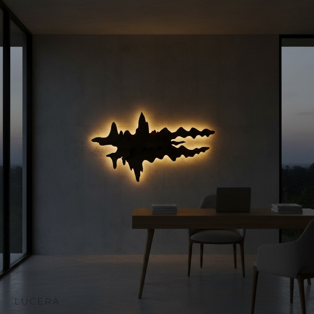 Plinth cloud shaped wall lamp glowing at dusk in a serene living room setting