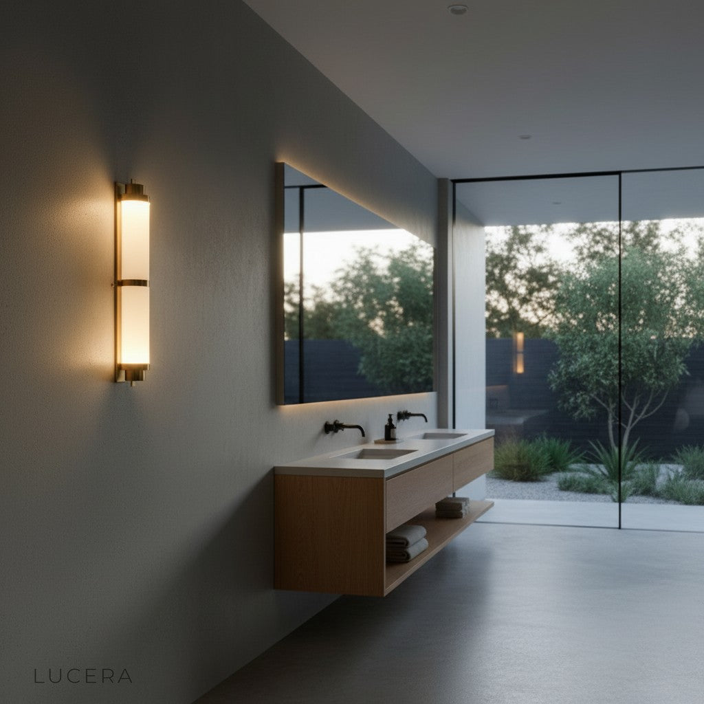 Parapet minimalist wall sconce lit in a dark room, dramatic ambient lighting with gold reflection