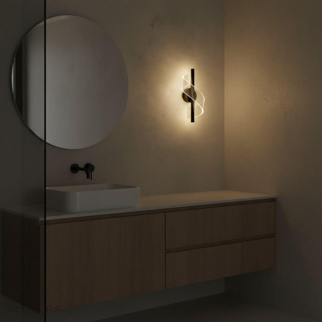 Royal style acrylic wall lamp illuminating a modern bathroom mirror with soft glow