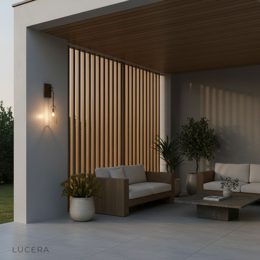 Elegant evening scene with the Veranda lamp glowing against a dark brick wall in a lounge