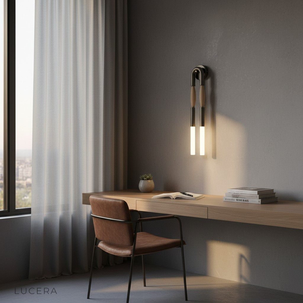 Regula bronze wall lamp in cozy reading nook with warm evening light