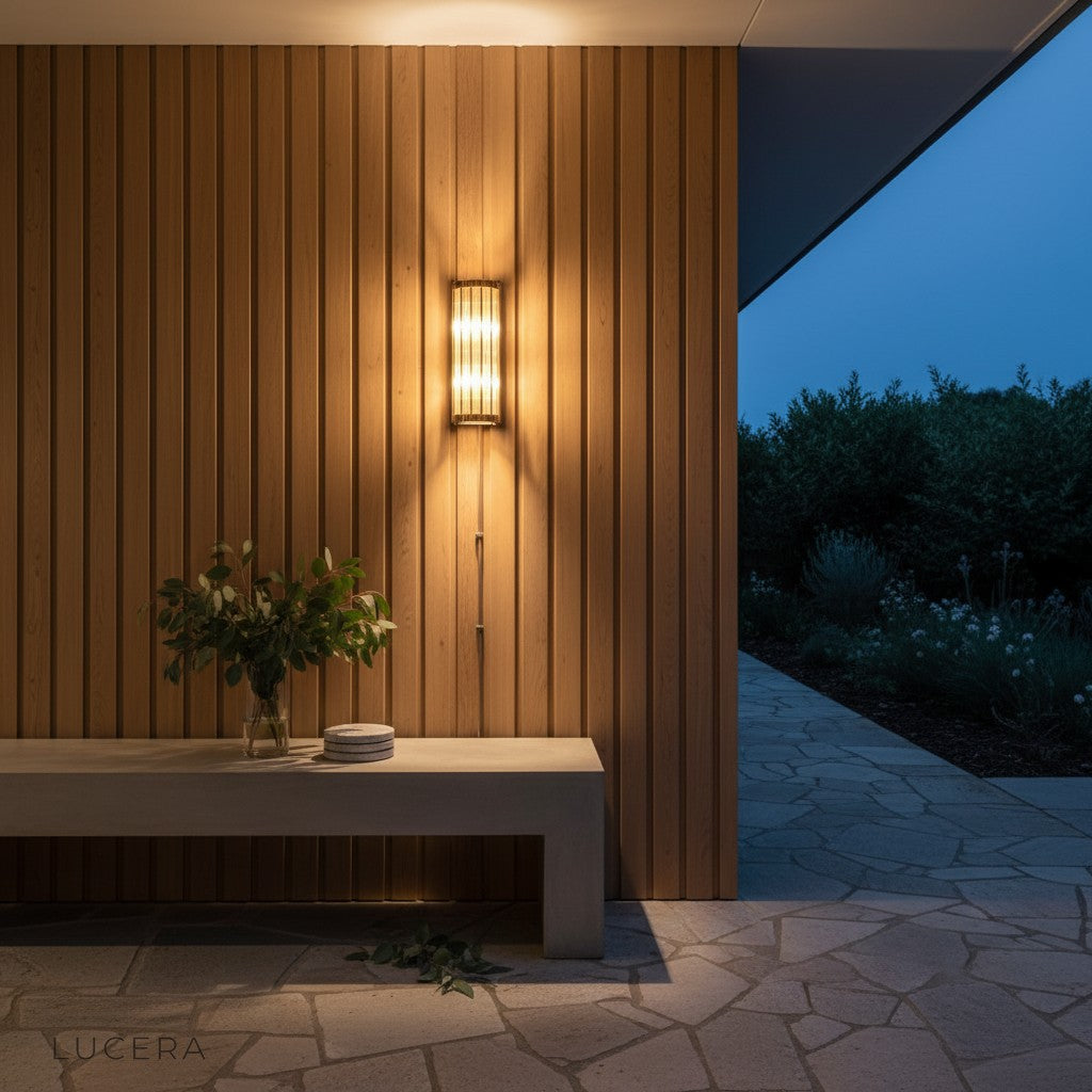 Pair of Guttae copper glass sconces flanking mirror in luxury hotel-style bathroom