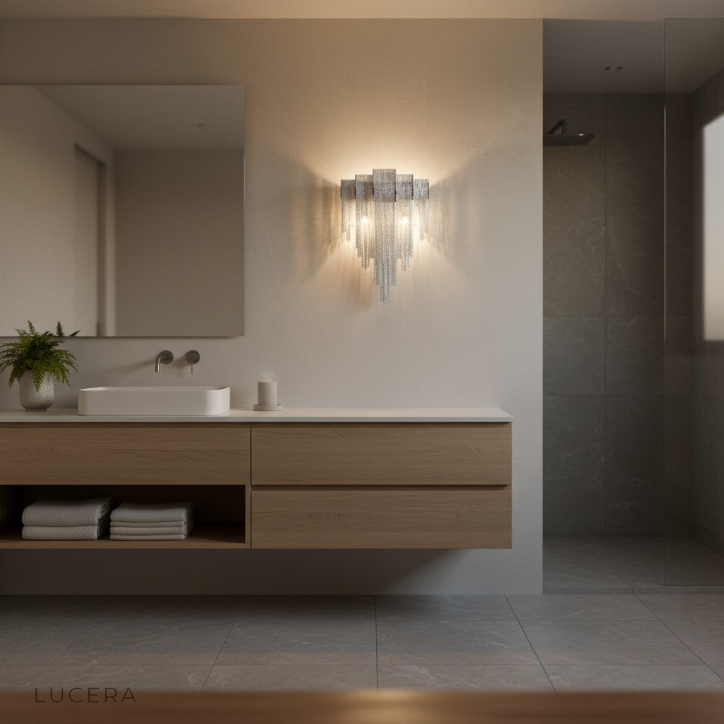 Focus Italian wall lamp casting warm glow on textured plaster wall in cozy reading nook