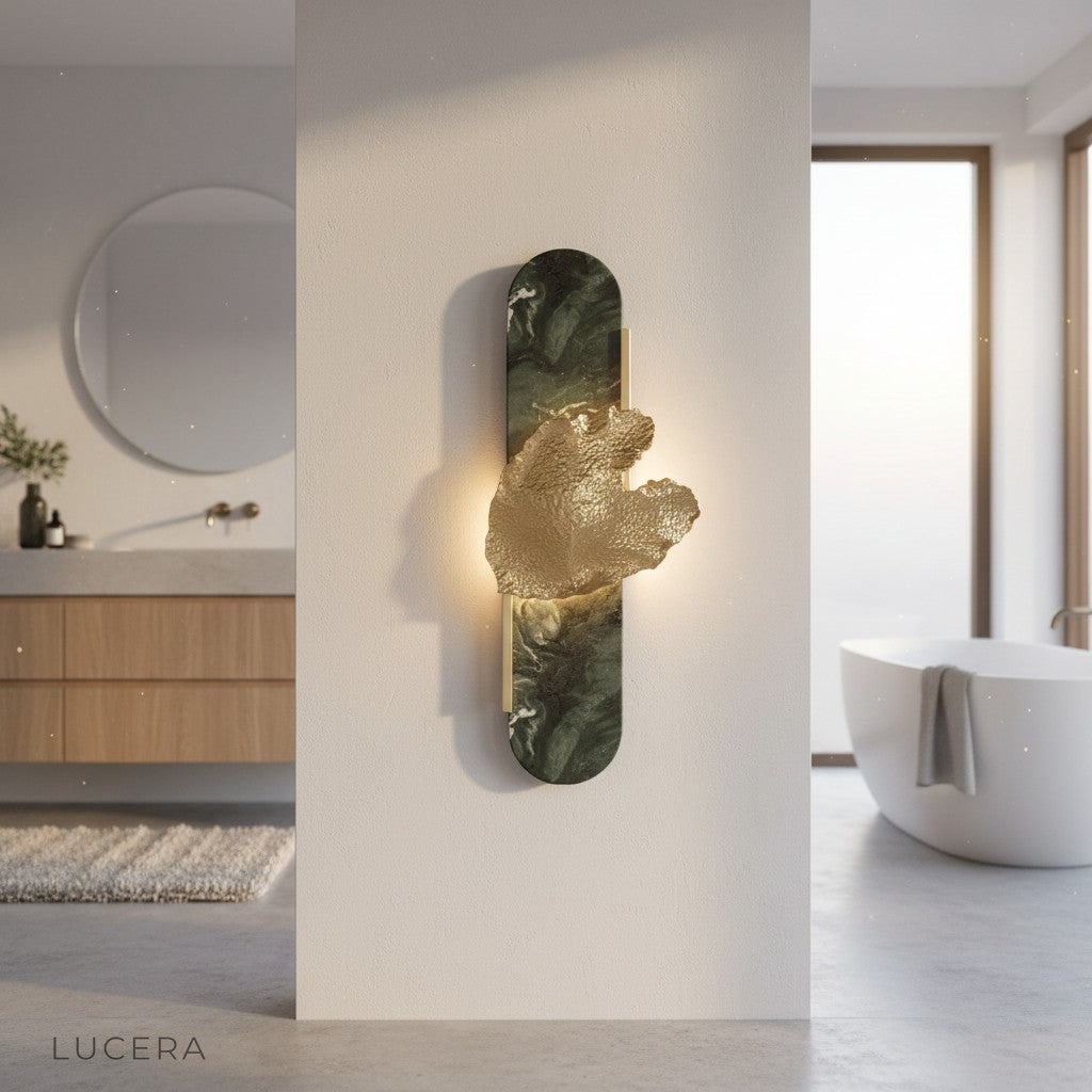 Vertex Imperial wall sconce paired with marble console table in modern entryway at dusk
