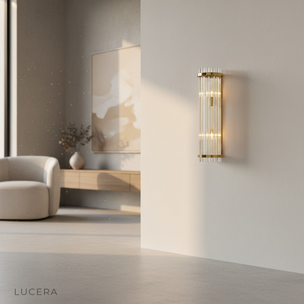 evening ambient shot of Nordic wall lamp illuminating a serene bedroom corner
