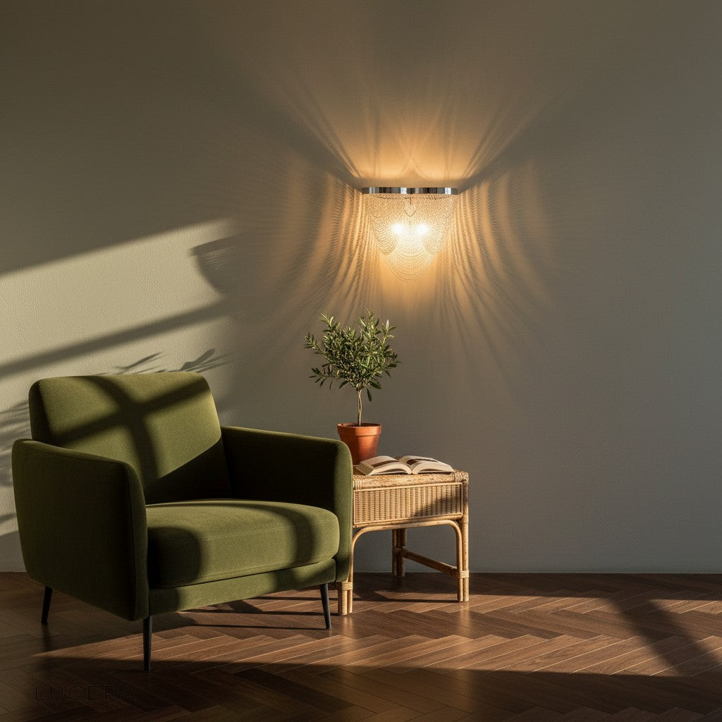 Limbic Luxury Chain Wall Lamp as accent lighting in a luxurious bedroom corner