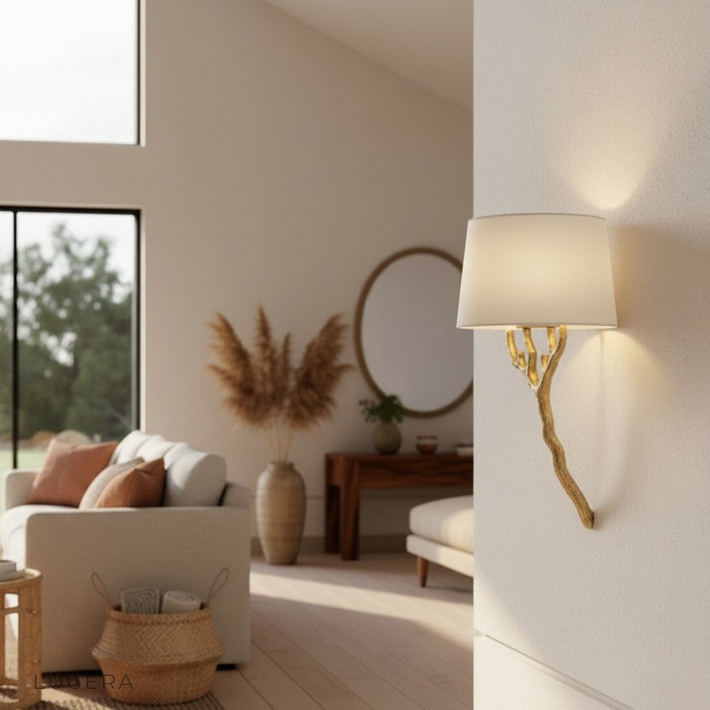 Aesthetic evening scene with hyperbolic branch lamp as focal point