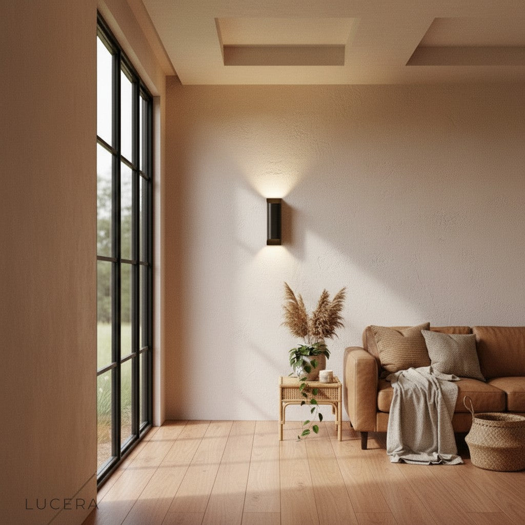 Vivace Nordic wall lamp in compact studio apartment above small desk, warm glow creating inviting workspace