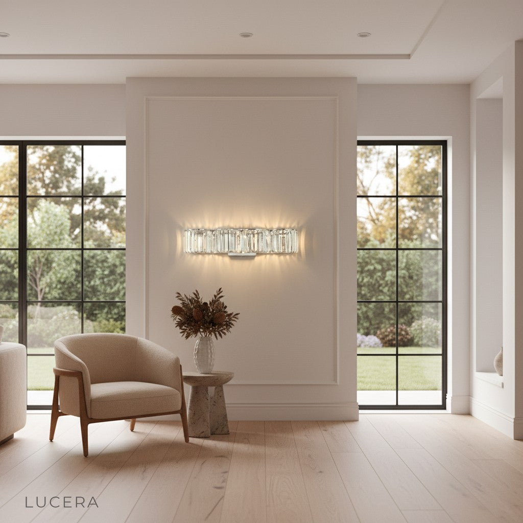 Vibrato crystal wall sconce in gold finish adding glamour to a formal dining room setting