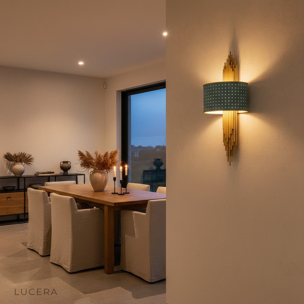 warm diffused light from metal pipe lamp creating cozy atmosphere in urban apartment lounge