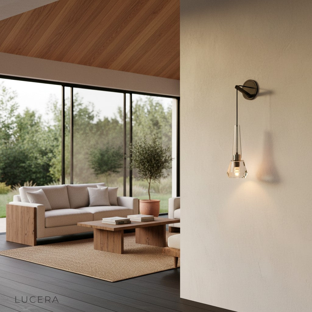 Luxury copper crystal sconce illuminating a dark accent wall in a contemporary room