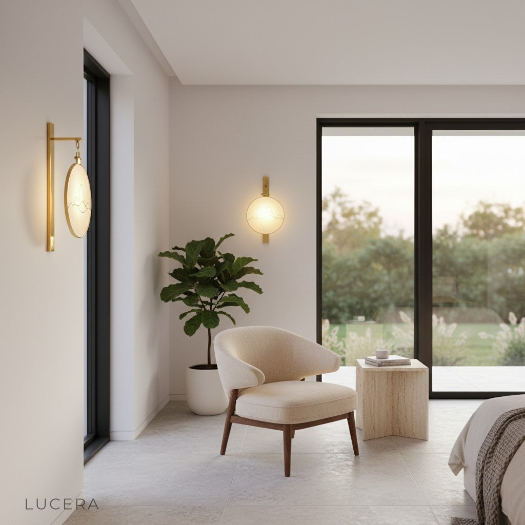 Nighttime lifestyle shot of the Bocca Palencia Oriental sconce enhancing a dark accent wall