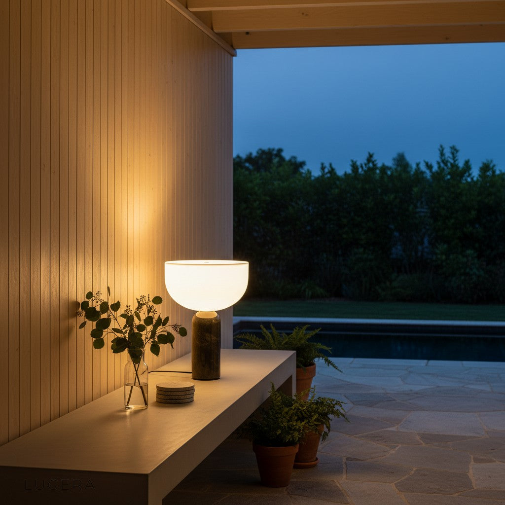nighttime ambient shot of Stringendo marble dome lamp on a patio table with warm light
