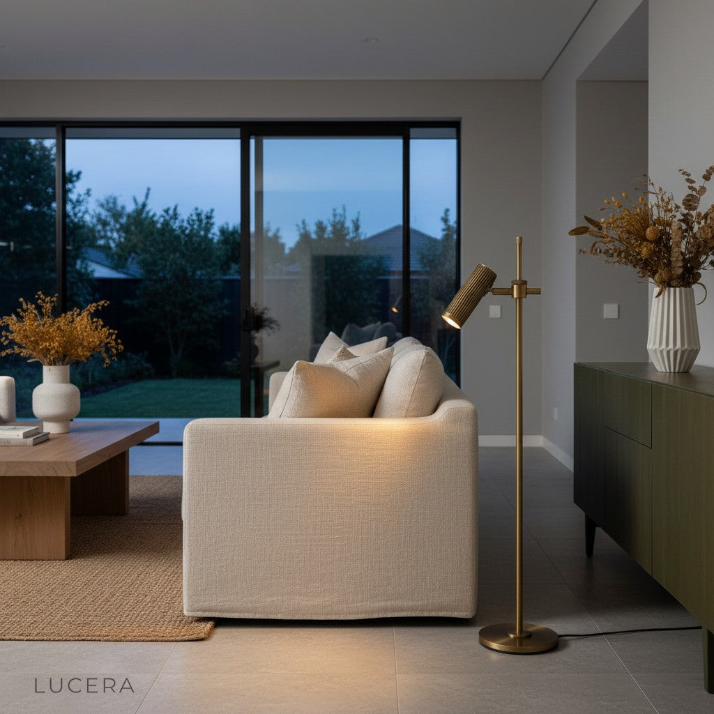 overhead lifestyle shot of adjustable bronze lamp on dining sideboard with candles and greenery