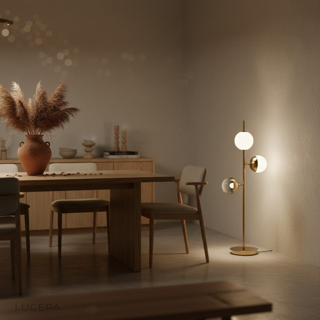 Pace LED floor lamp glowing in cozy reading corner with bookshelf