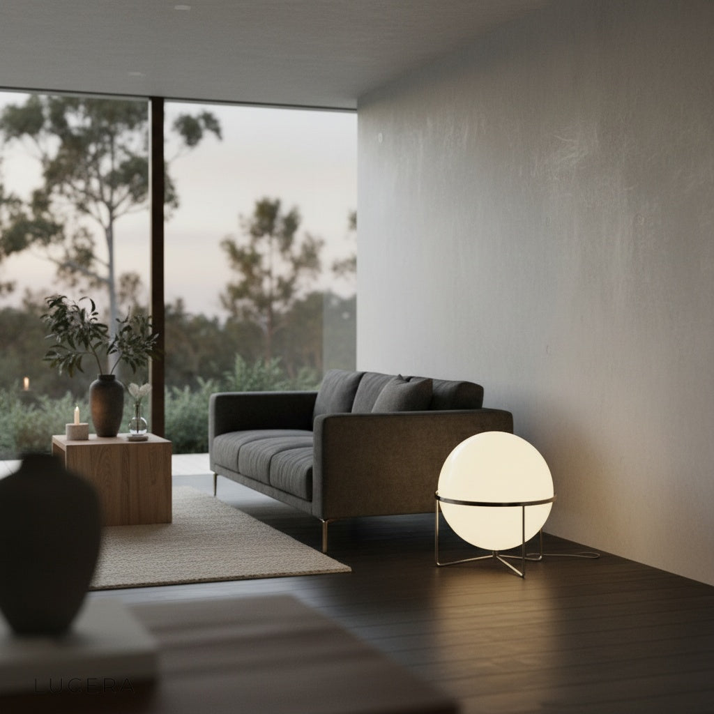 Nankin floor lamp in bright Scandinavian living room with white walls and light oak furniture