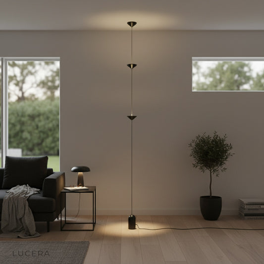 studio view of Hymn lamp showing pull cable and aluminum shade alignment