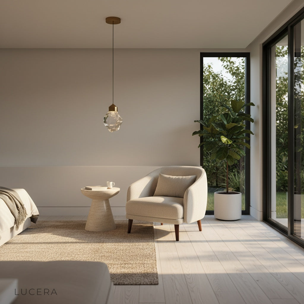 cristal pendant light hanging over kitchen island with soft natural daylight