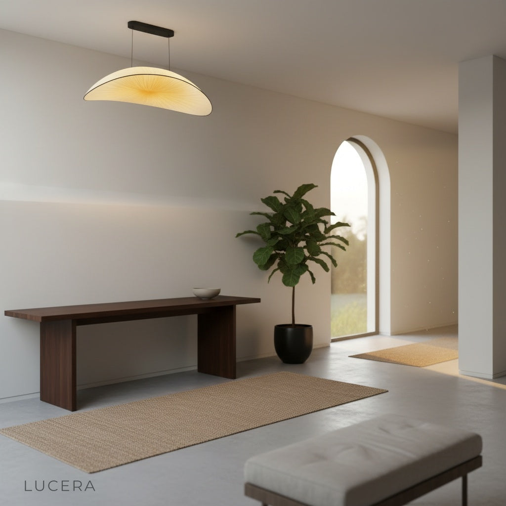 Dart Silk Chandelier suspended in a serene bedroom with linen bedding and soft morning light filtering through curtains