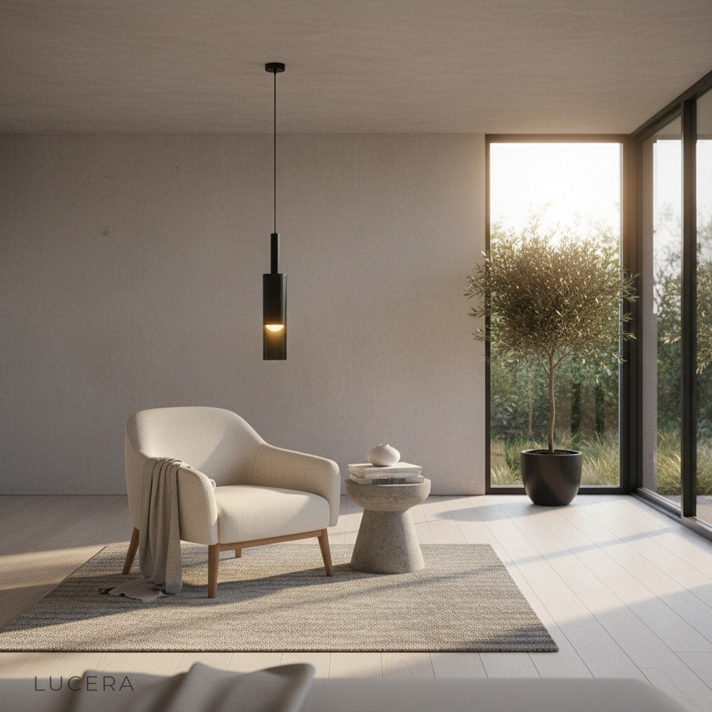 Nebulous pendant light glowing at night in a contemporary office space