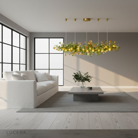 studio shot of Paola chandelier with copper frame and clear glass leaf shades
