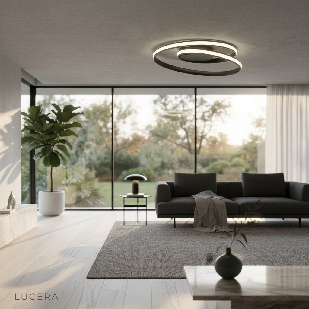Jamb ceiling light at night in entryway with artistic light and shadow play on floor