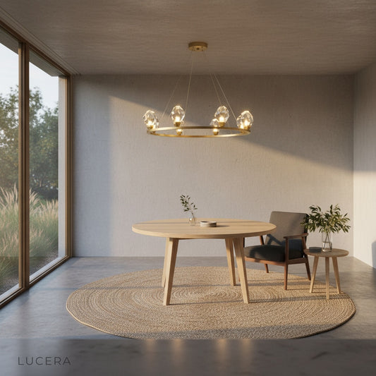 Front view of Mesa Round Chandelier hanging centered against a clean white studio backdrop
