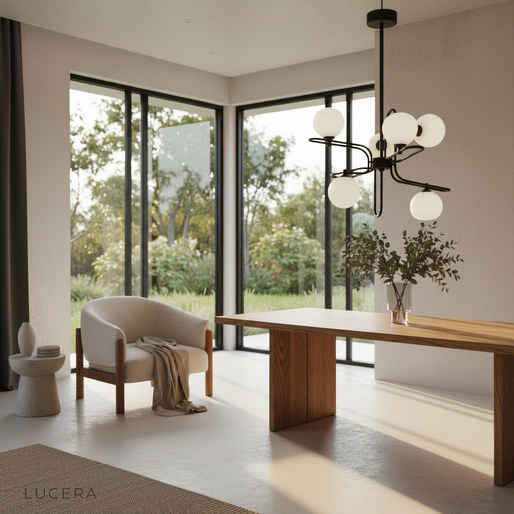 copper litany chandelier with spherical shades in modern bedroom