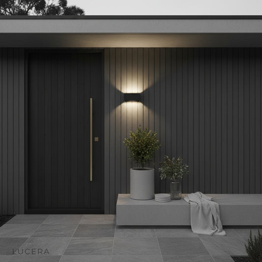 studio shot of matte black cylindrical outdoor wall sconce with two-way LED lights