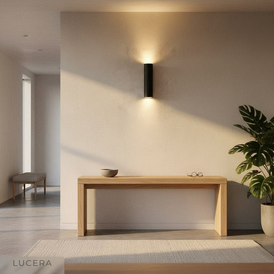 studio shot of cylindrical black travertine wall sconce on clean white background