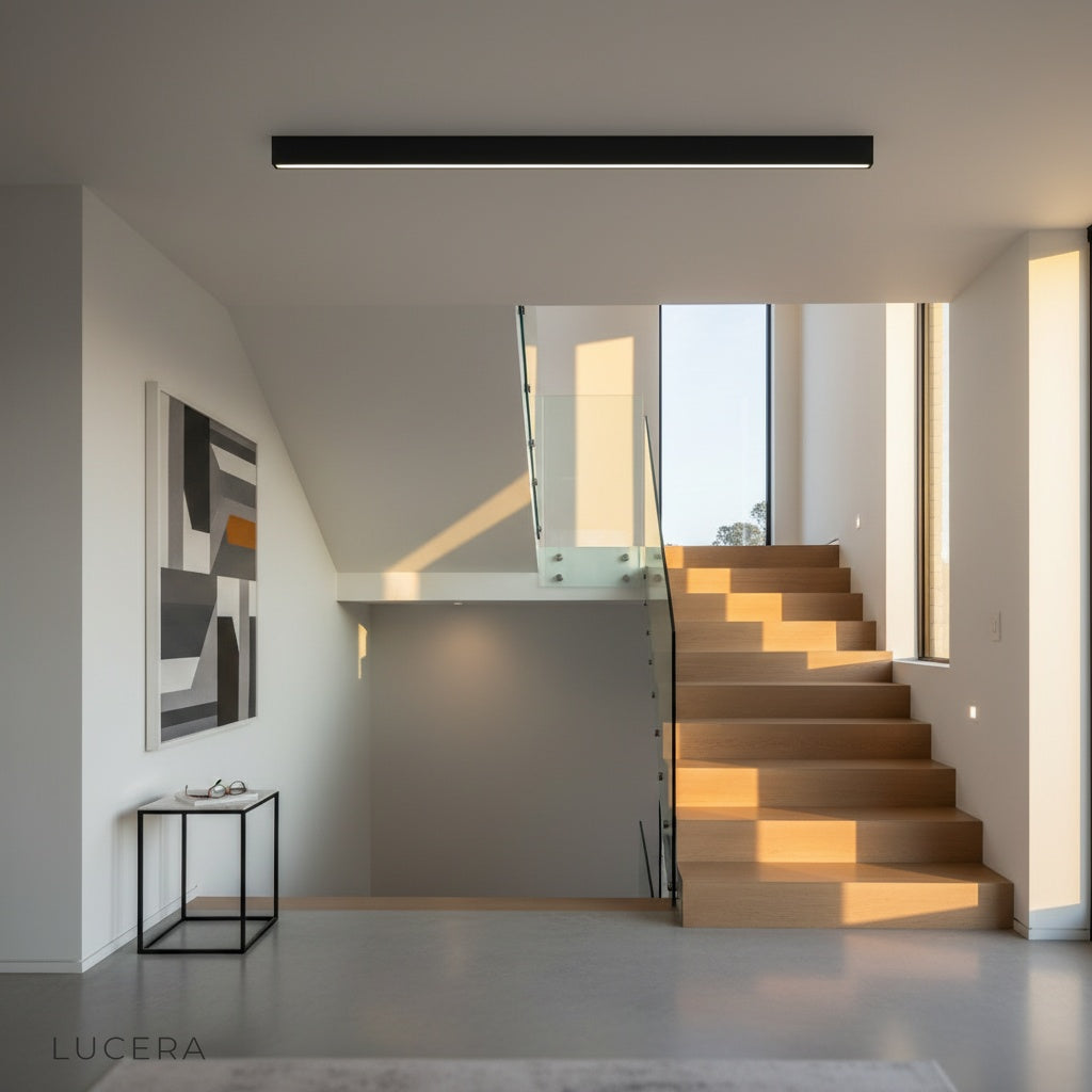 Mazurka ceiling light in a stylish entryway, highlighting its minimalist silhouette at night