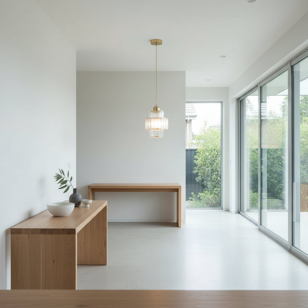 warm ambient glow of Charagh pendant light mounted as wall sconce in bedroom