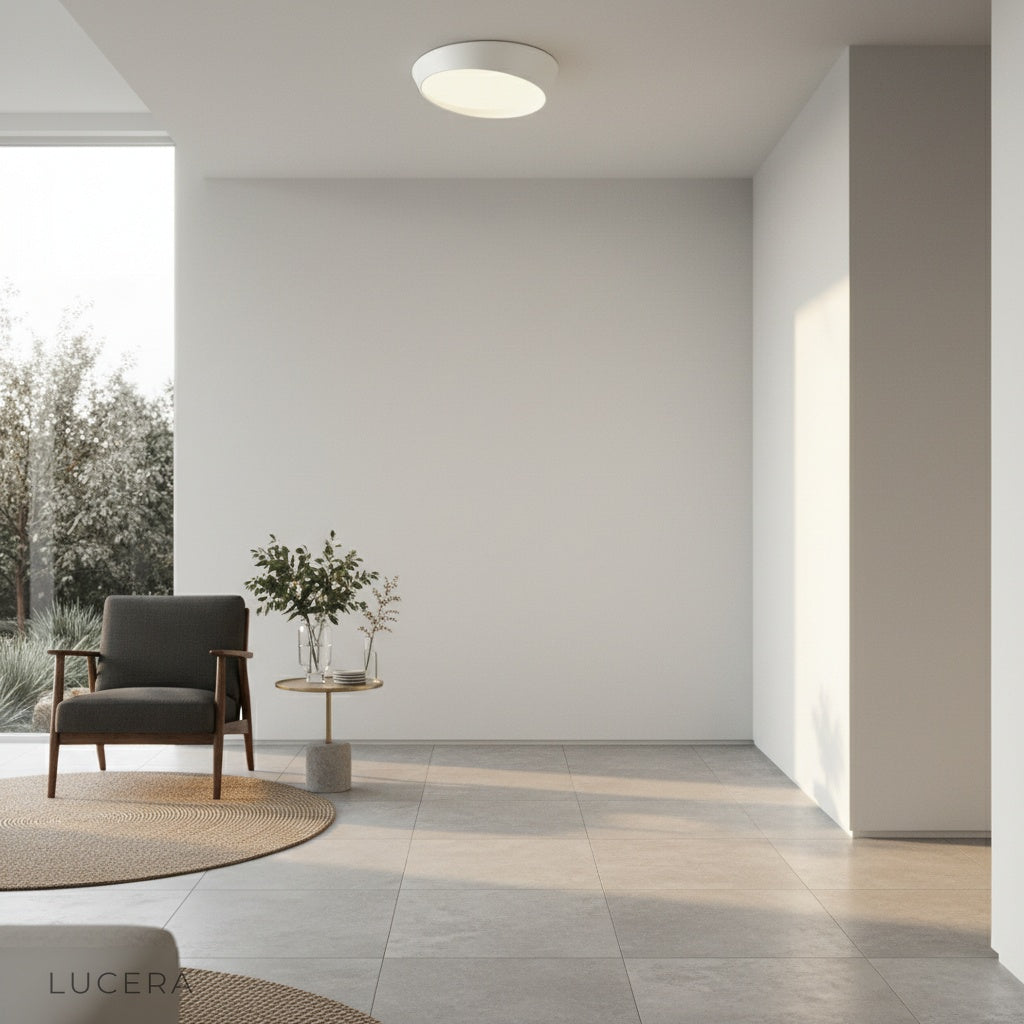 ambient evening shot of circular alabaster ceiling light creating tranquil atmosphere in entryway