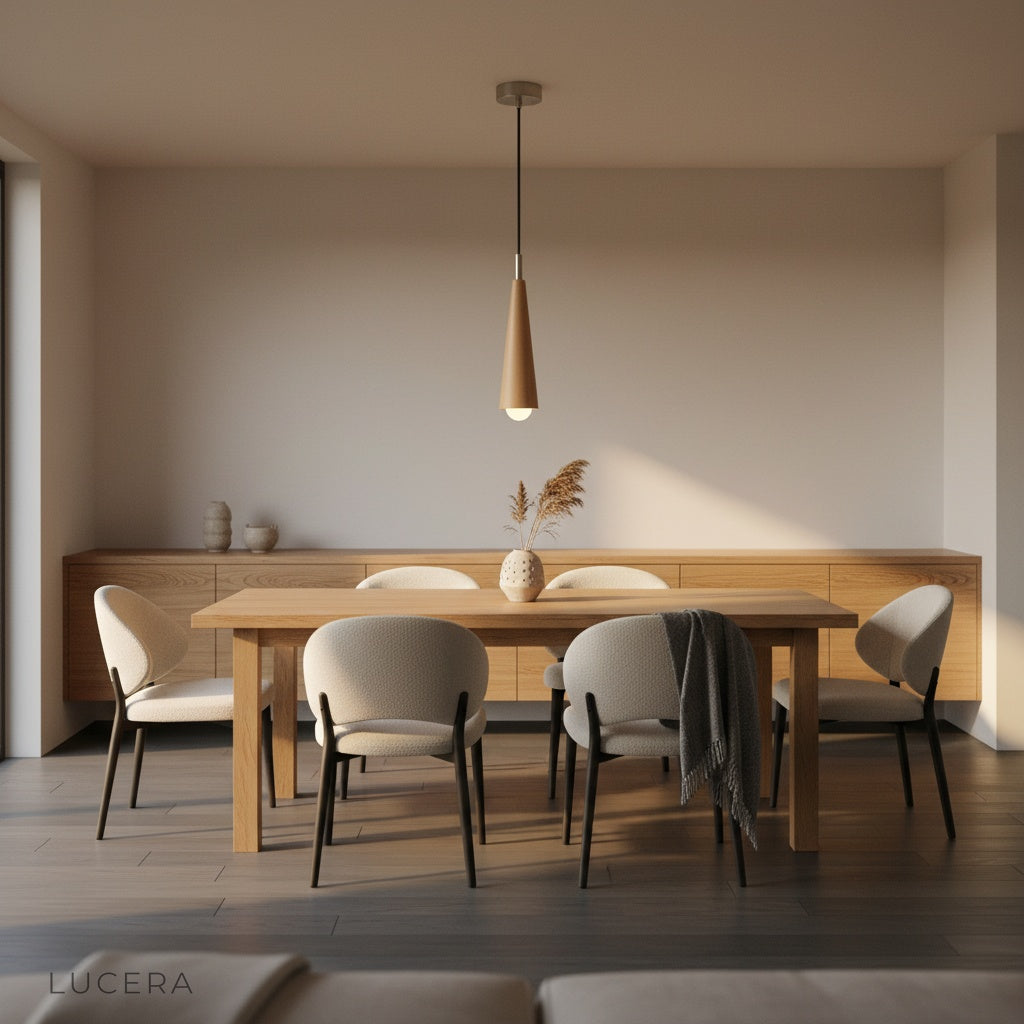 Nighttime lifestyle shot of Monk pendant light illuminating a stylish minimalist living space