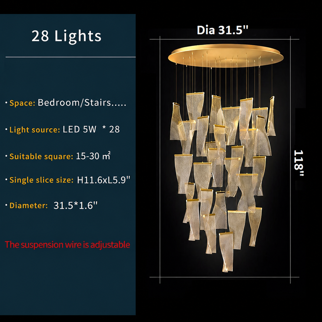 Feldspar Silk Design Gold Pendant Light for Staircase - Chandeliers | Lucera Lighting