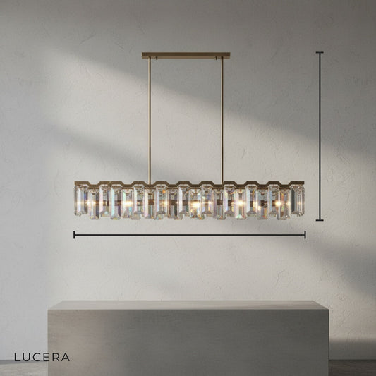 Front view of Lucera crystal chandelier against clean white background showing full 49-inch length